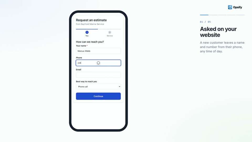 Opsify screen from the video. Website estimate requests for a service shop