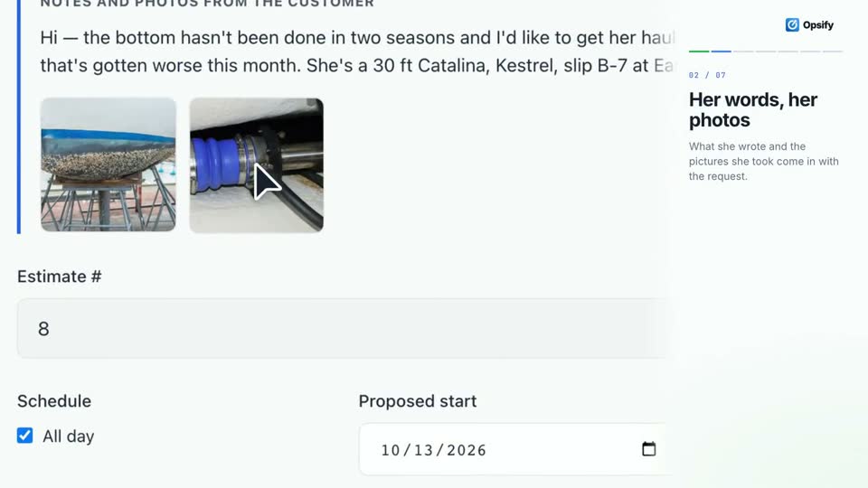 Opsify screen from the video. Writing an estimate from customer notes, photos, and a template