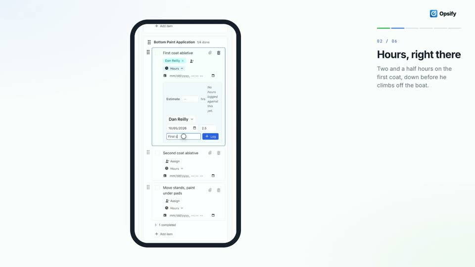 Opsify screen from the video. Technicians logging hours, photos, and notes on a mobile work order