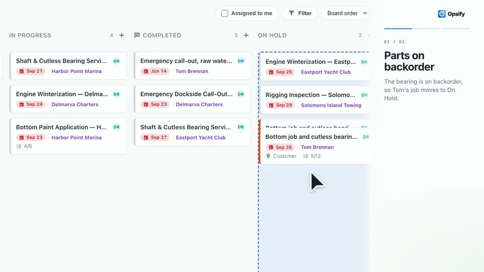 Opsify screen from the video. Sending a customer a job status update by text