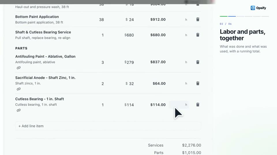Opsify screen from the video. Turning a finished work order into an invoice