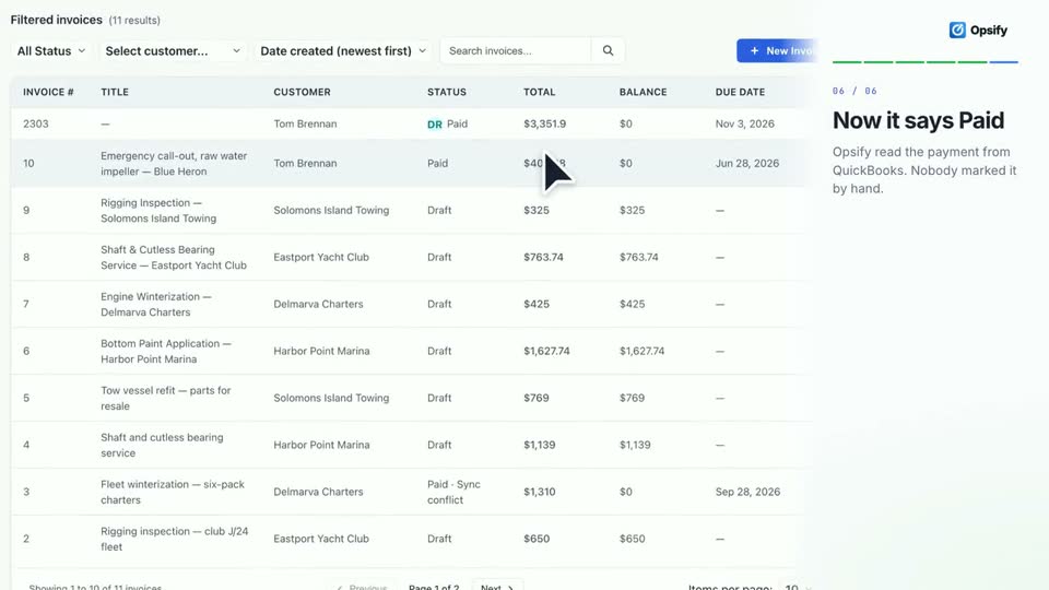 Opsify screen from the video. Opsify invoices and payments with QuickBooks Online
